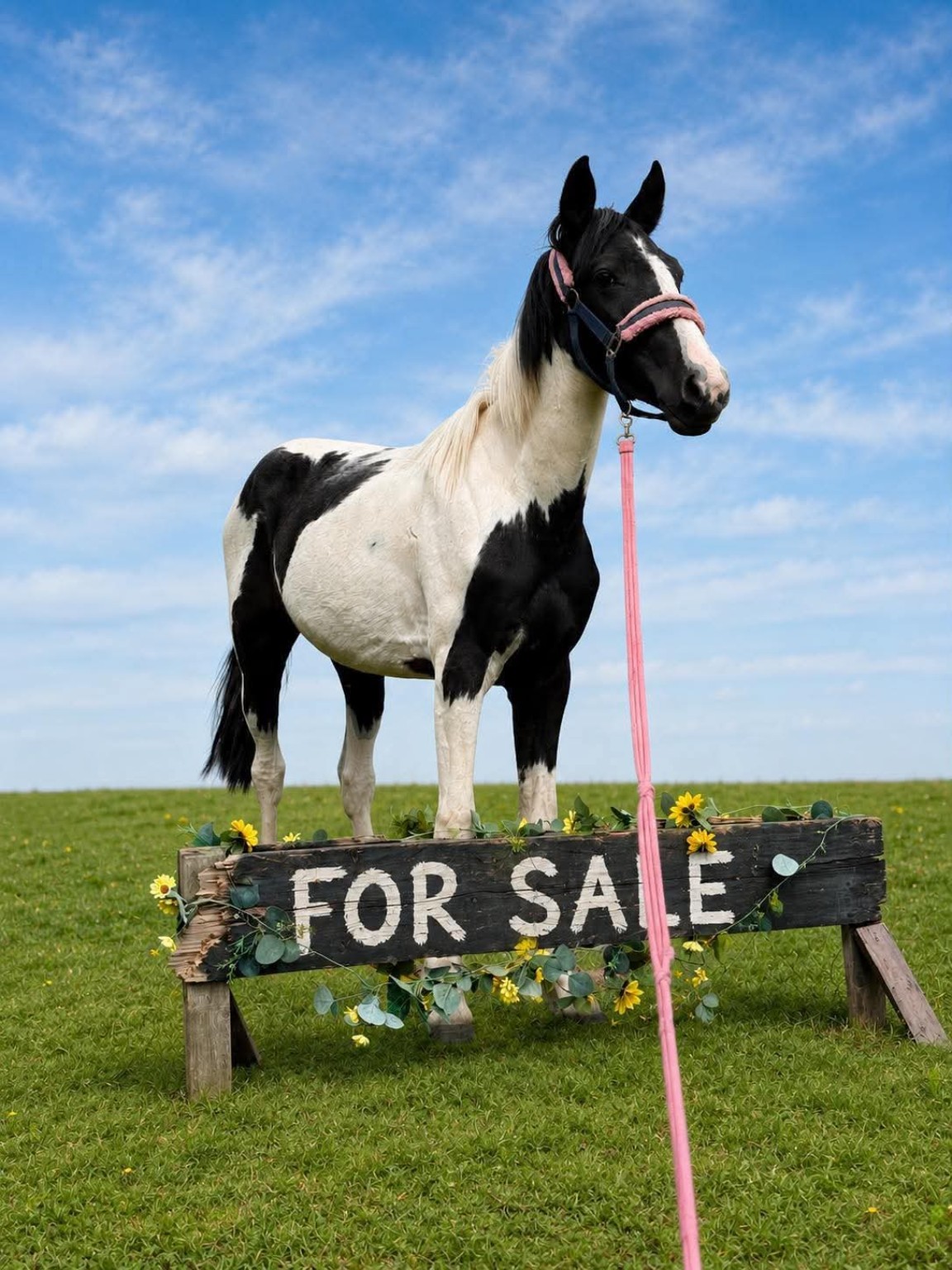 14-month-old Sports x Cob colt standing beside a For Sale sign