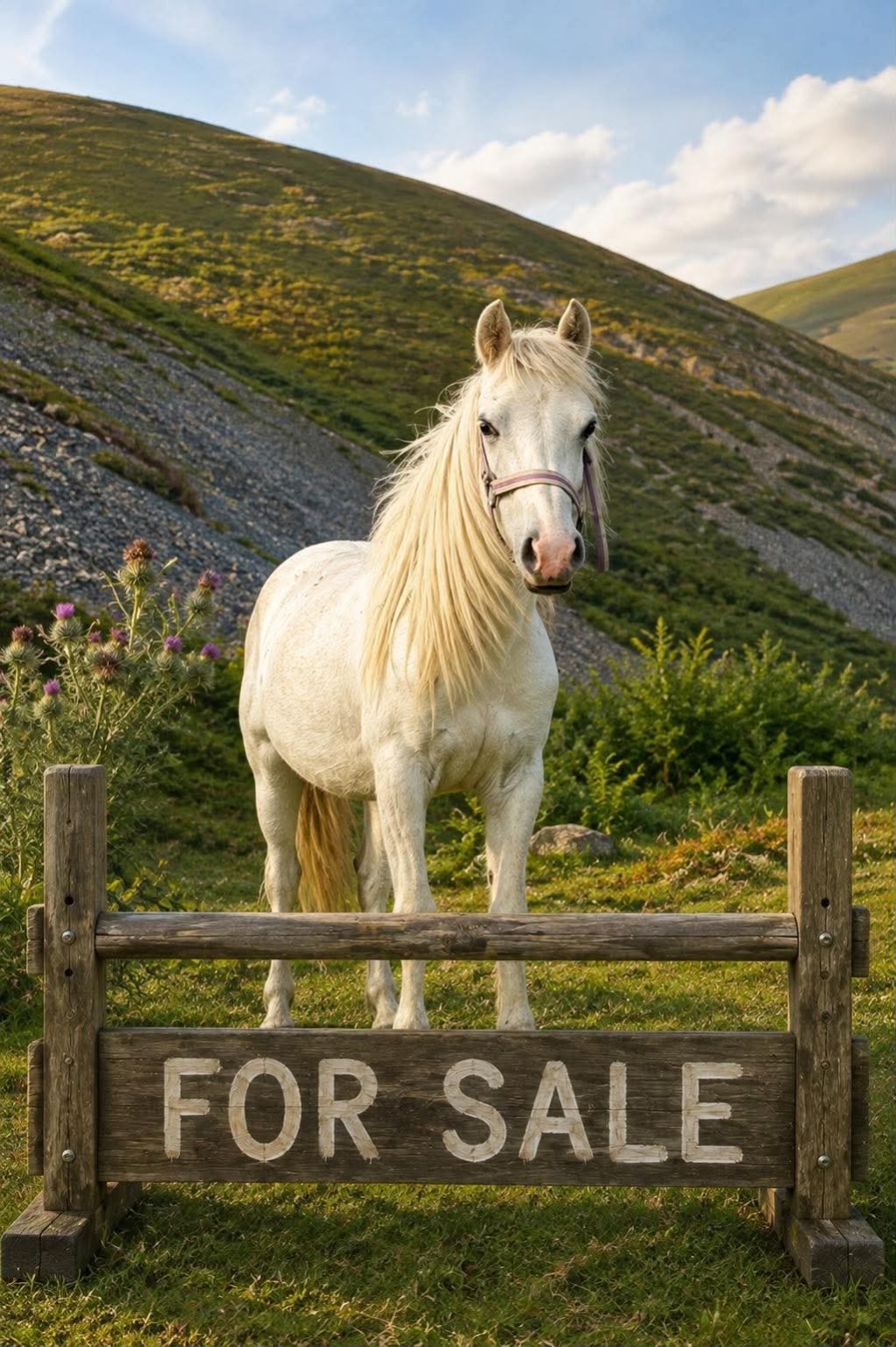 Welsh Section A mare standing in a field behind a For Sale sign