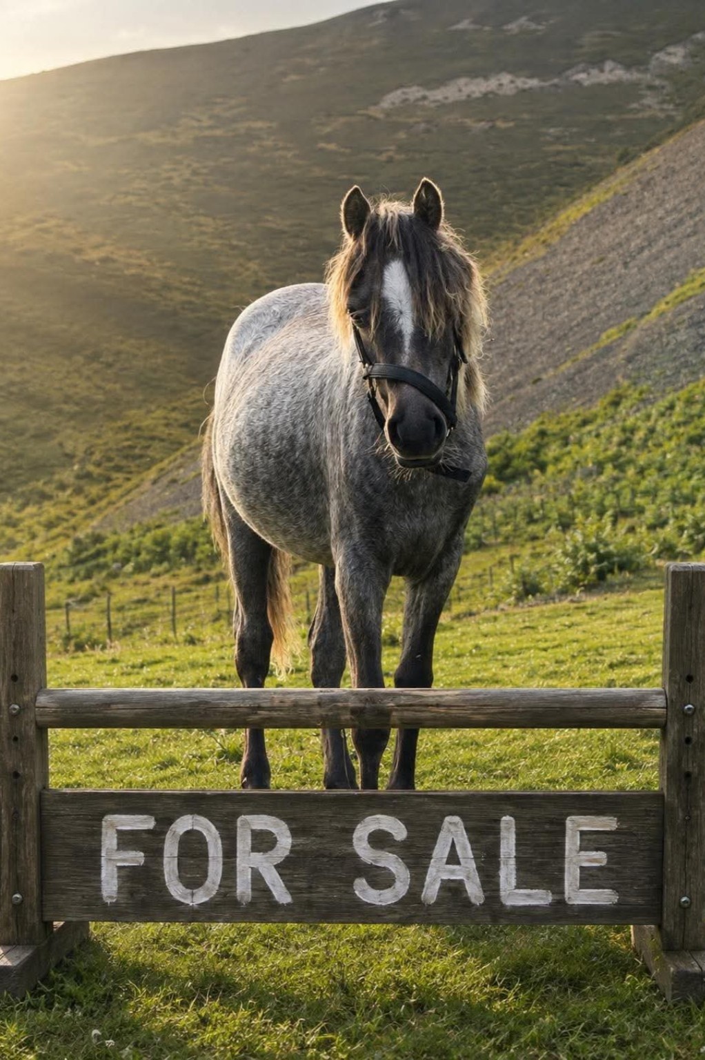 Welsh Section A yearling filly standing in a field behind a For Sale sign