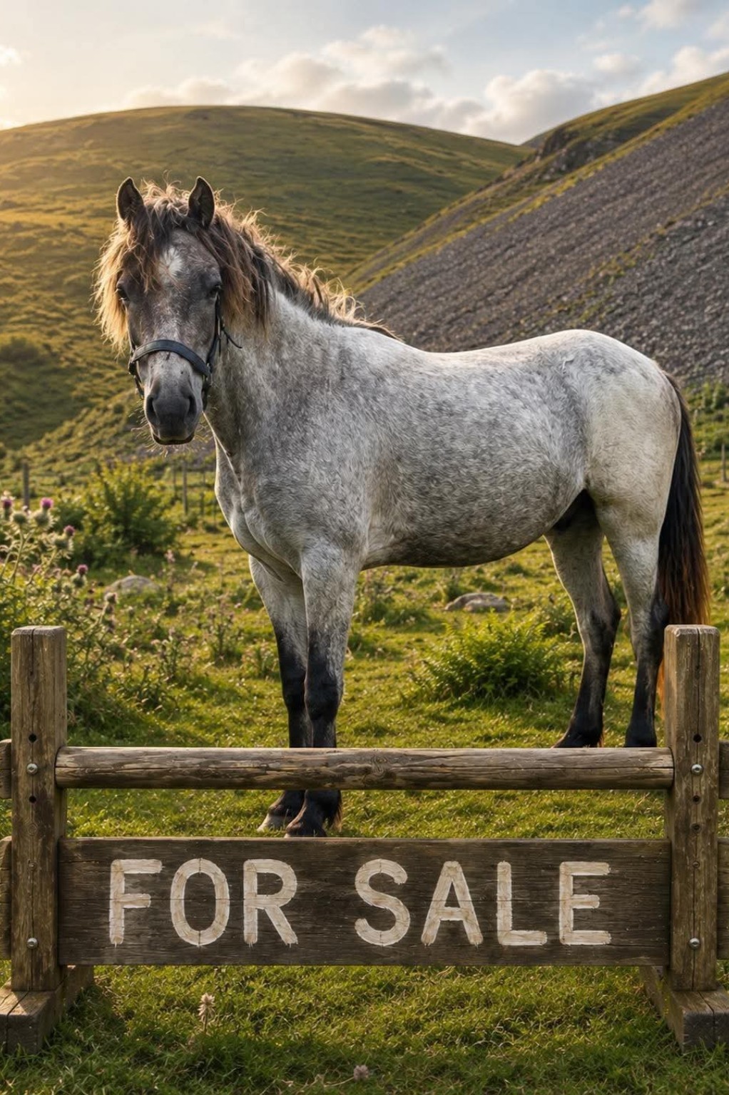 Welsh Section A yearling colt standing in a field behind a For Sale sign