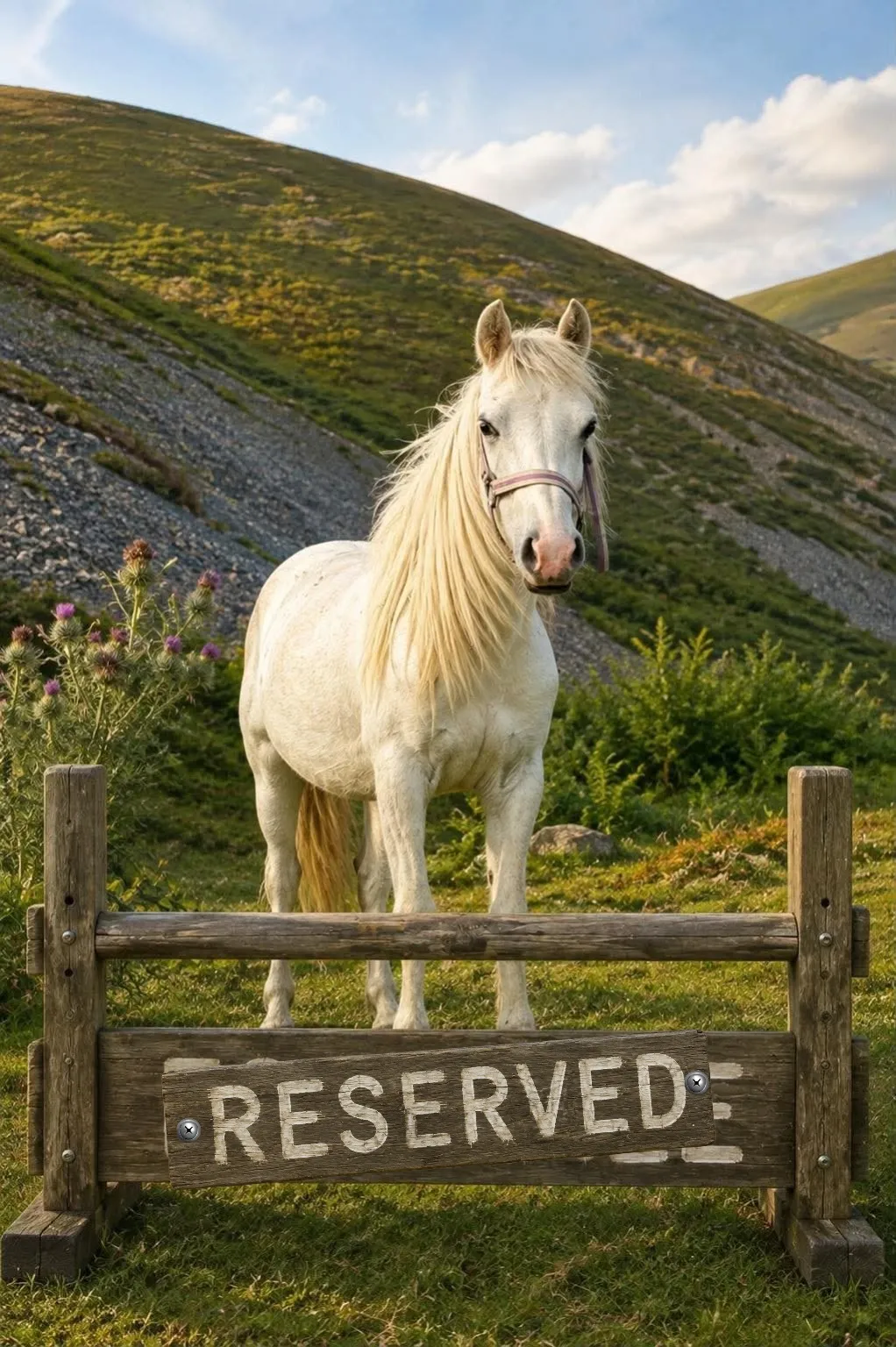 Welsh Section A mare standing in a field behind a For Sale sign