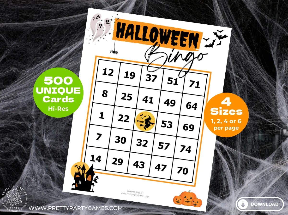 Halloween Bingo Cards with Numbers featuring ghosts, a haunted house, pumpkins and bats