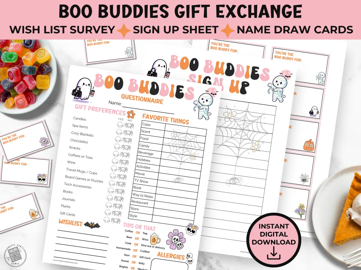 Boo Buddies Gift Swap Survey Bundle, pink ghost themed sign up sheet, survey and name tags