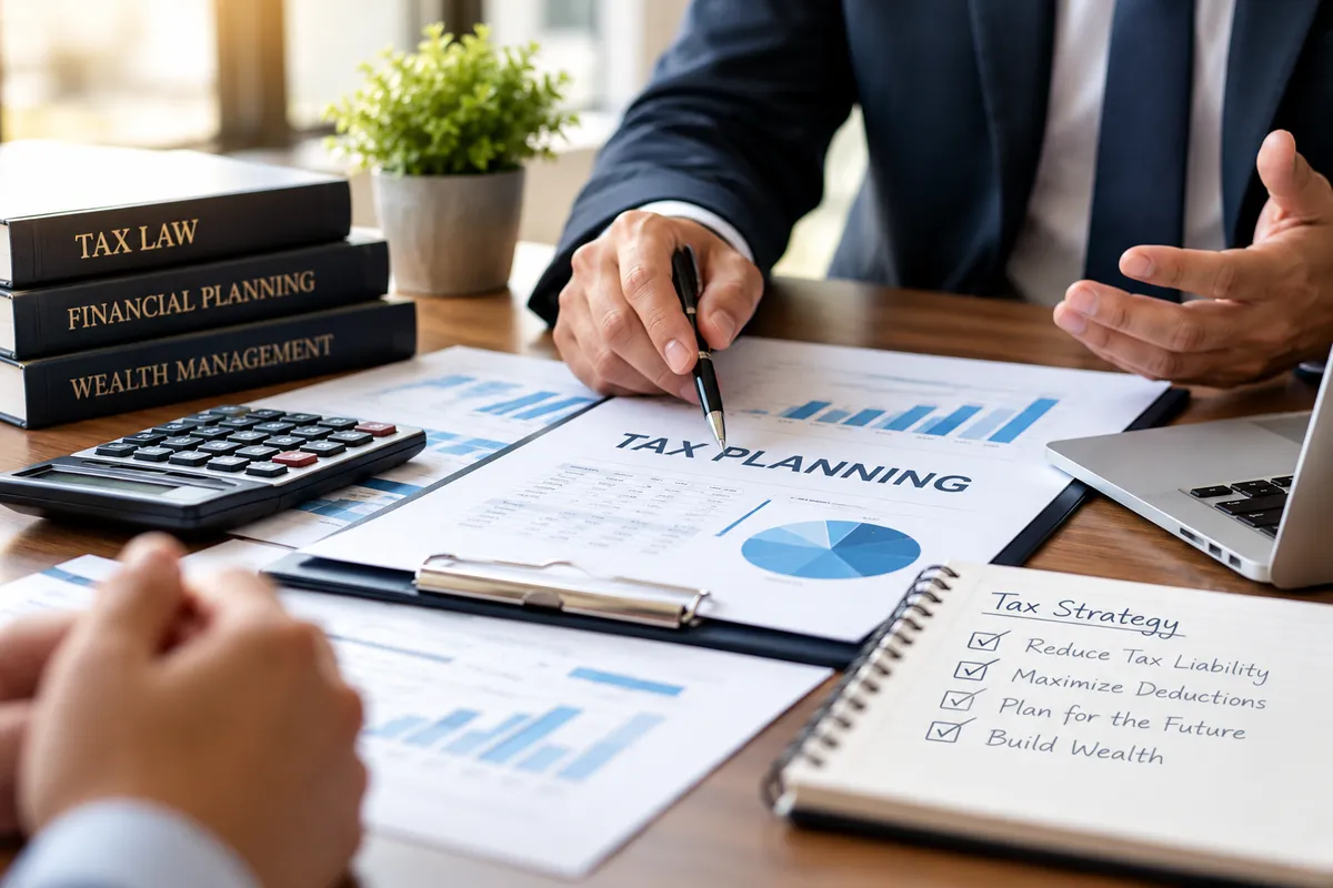 Tax planning consultation with financial charts, calculator, and tax strategy documents