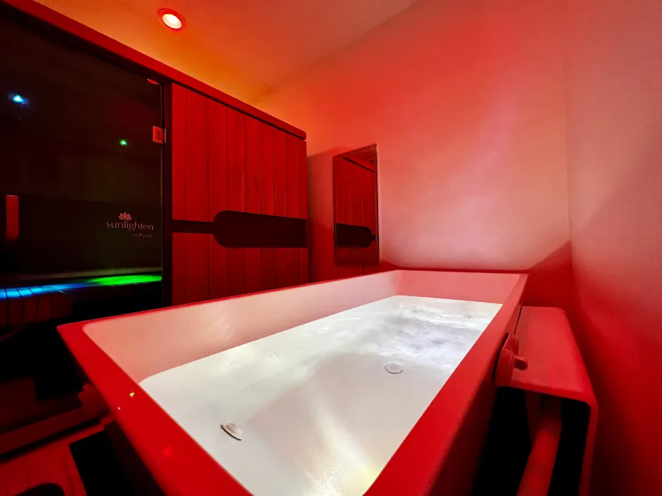 A cold plunge tub inside a private room.