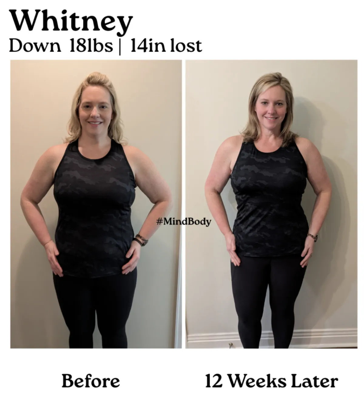 Side-by-side before and after photos of a woman in a red patterned bikini. The before image shows her standing sideways with a visibly fuller midsection; the after photo shows a noticeable reduction in belly fat and overall slimmer profile.