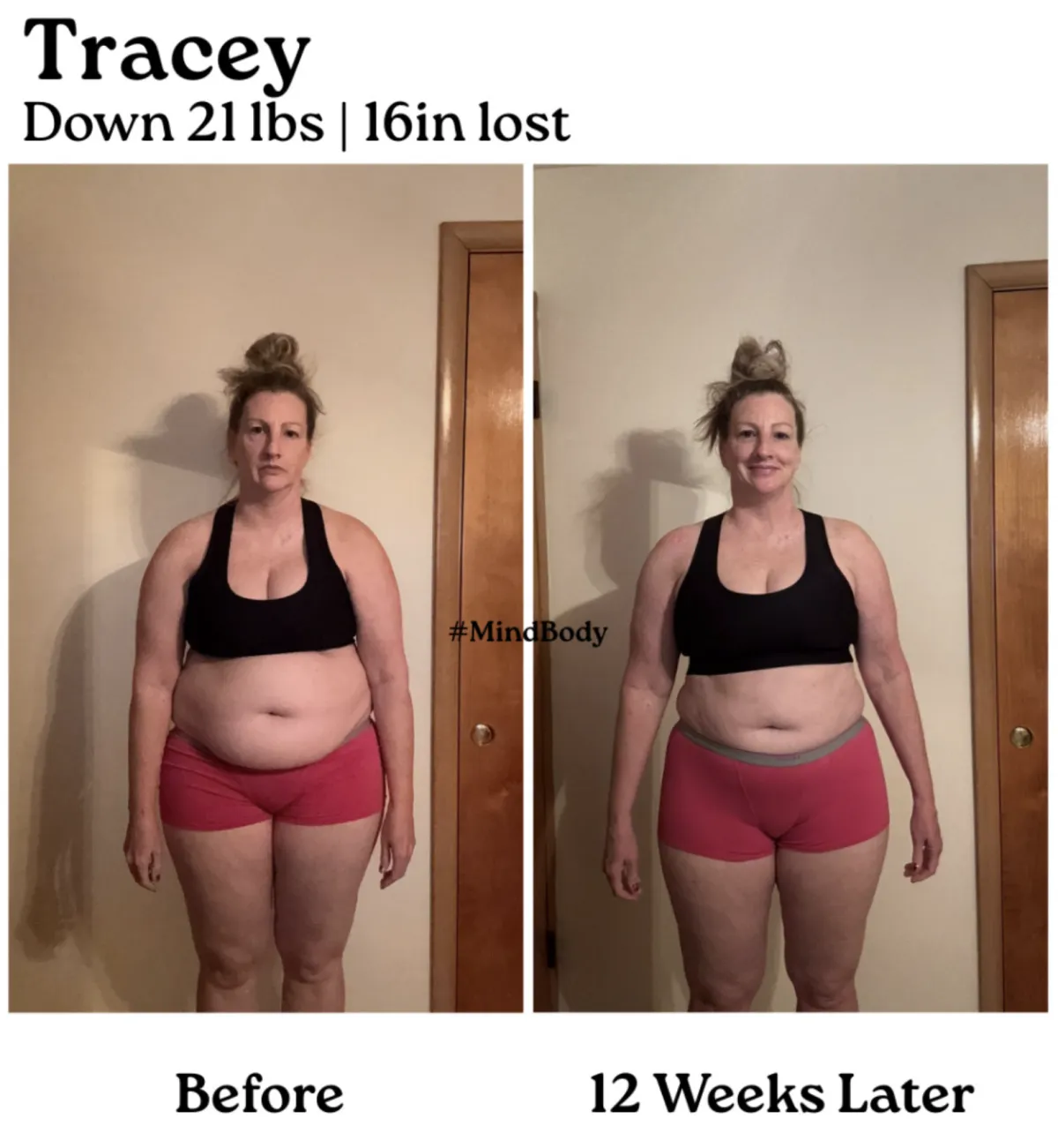 Front-facing before and after transformation images of a blonde woman in a black sports bra and shorts. The before image shows a softer midsection, while the after image highlights a more toned waist and flatter stomach.