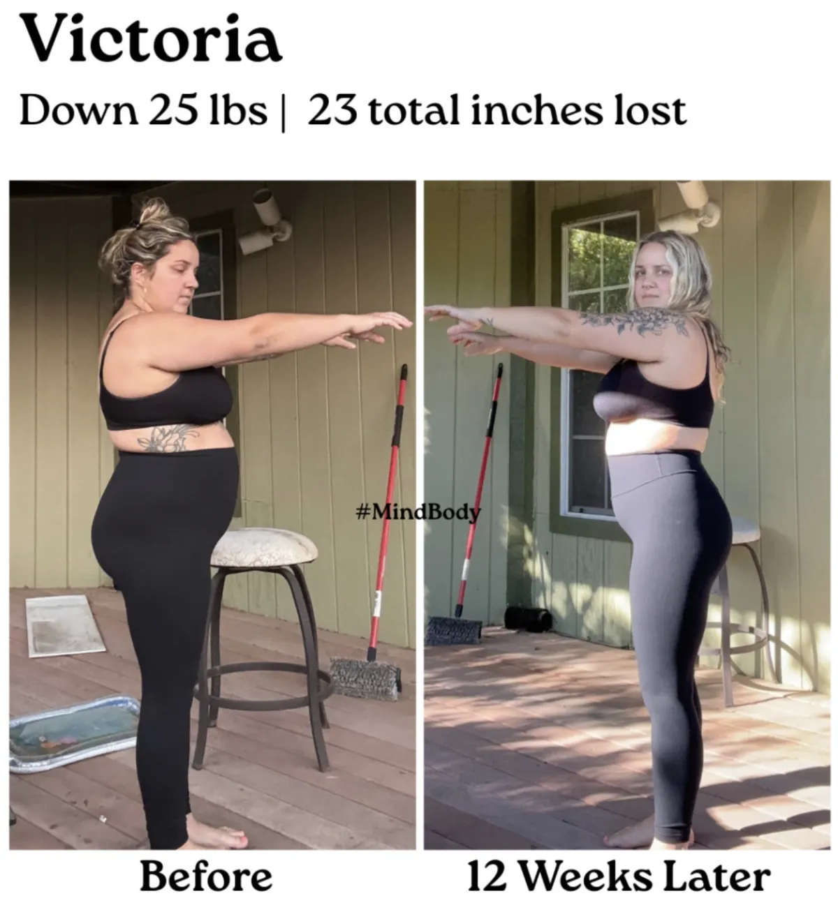 Before and after side profile photos of a woman wearing a blue tank top and blue shorts. A circular stamp says "45 Days." Text indicates she lost 8.4 lbs and 12.75 inches. The after image shows a leaner, more defined waistline and improved posture.