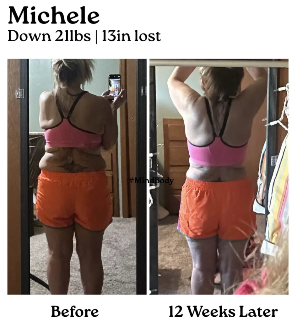 Front-facing before and after transformation images of a blonde woman in a black sports bra and shorts. The before image shows a softer midsection, while the after image highlights a more toned waist and flatter stomach.