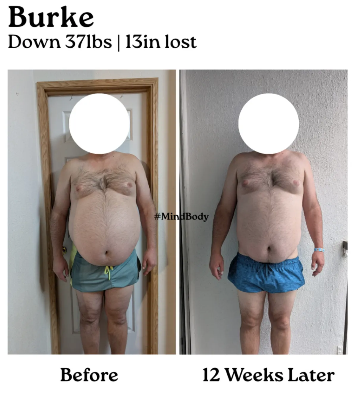 Before and after side profile photos of a woman wearing a blue tank top and blue shorts. A circular stamp says "45 Days." Text indicates she lost 8.4 lbs and 12.75 inches. The after image shows a leaner, more defined waistline and improved posture.