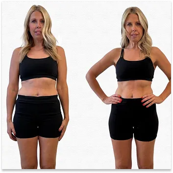 Front-facing before and after transformation images of a blonde woman in a black sports bra and shorts. The before image shows a softer midsection, while the after image highlights a more toned waist and flatter stomach.