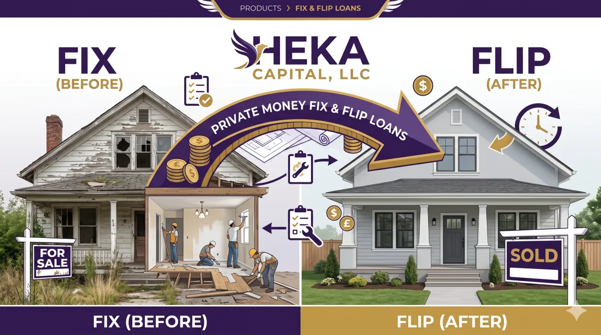 A split-screen illustration for HEKA Capital, LLC demonstrating the 'Fix and Flip' real estate loan process. The left side, labeled 'FIX (BEFORE)', shows a dilapidated house with a 'For Sale' sign and a cutaway view of construction workers actively renovating the interior. A large, curving arrow labeled 'PRIVATE MONEY FIX & FLIP LOANS' filled with gold coins arches from the old house to the right side. The right side, labeled 'FLIP (AFTER)', displays the fully renovated, modern house with a pristine lawn and a 'SOLD' sign, surrounded by icons representing time, checklists, and financial profit.