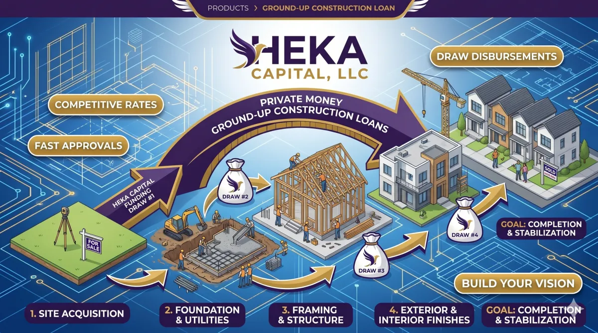 An infographic by HEKA Capital, LLC illustrating the step-by-step process of Private Money Ground-Up Construction Loans. The visual flows left to right across a blueprint background, starting with an empty lot for '1. Site Acquisition' and initial funding. Large arrows guide the construction progression through '2. Foundation & Utilities', '3. Framing & Structure', and '4. Exterior & Interior Finishes', with each phase accompanied by a money bag icon representing sequential draw disbursements. The timeline concludes at a finished neighborhood labeled 'Goal: Completion & Stabilization'. Callout boxes highlight key benefits like 'Competitive Rates', 'Fast Approvals', and 'Draw Disbursements'.