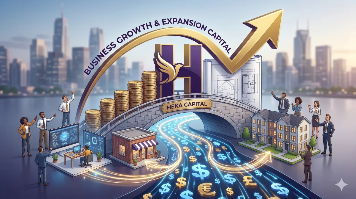 A dynamic 3D illustration representing HEKA Capital's business financing and expansion loans. The image features a bridge labeled 'HEKA CAPITAL' connecting a small brick storefront to a larger multi-story commercial building, symbolizing business scaling and growth. A river of glowing digital currency symbols flows beneath the bridge. In the background, tall stacks of gold coins sit next to the purple and gold HEKA Capital 'H' logo, framed by a massive upward-pointing gold arrow reading 'BUSINESS GROWTH & EXPANSION CAPITAL' against a city skyline. Miniature business professionals are shown analyzing digital financial dashboards, reviewing blueprints, and celebrating success.