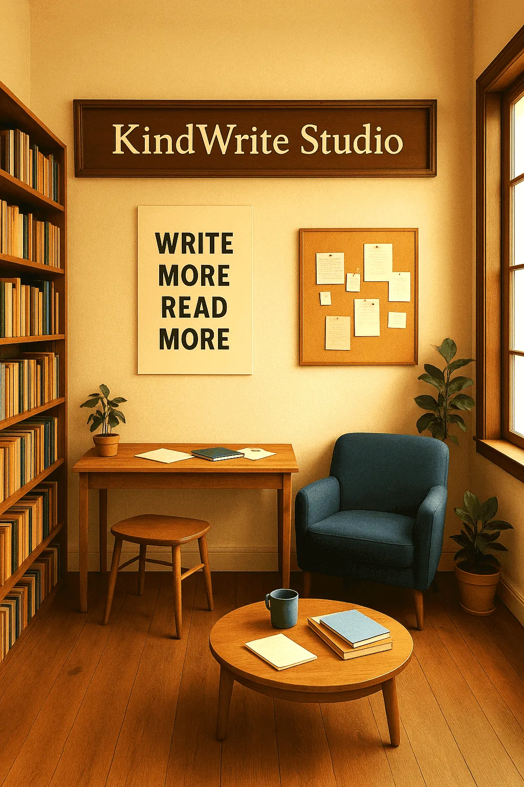 Writers studio with a comfortable reading chair, a table, laptop and stool and a coffee table with books, a notebook and coffee mug. Sign reads Write More Read More
