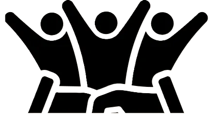 Icon showing 3 people with arms raised in a cheerd 