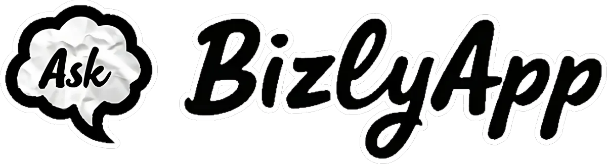 The text "Ask" inside a speech bubble icon is positioned to the left of the BizlyApp logo, suggesting a feature related to customer interaction or social listening within the platform for business social media.