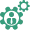 Two green gears interlocked and meshing, with a businessman wearing a tie depicted in the center of the larger gear, symbolizing the integrated operations of a business, potentially highlighting the management of business and social media through a platform like BizlyApp.