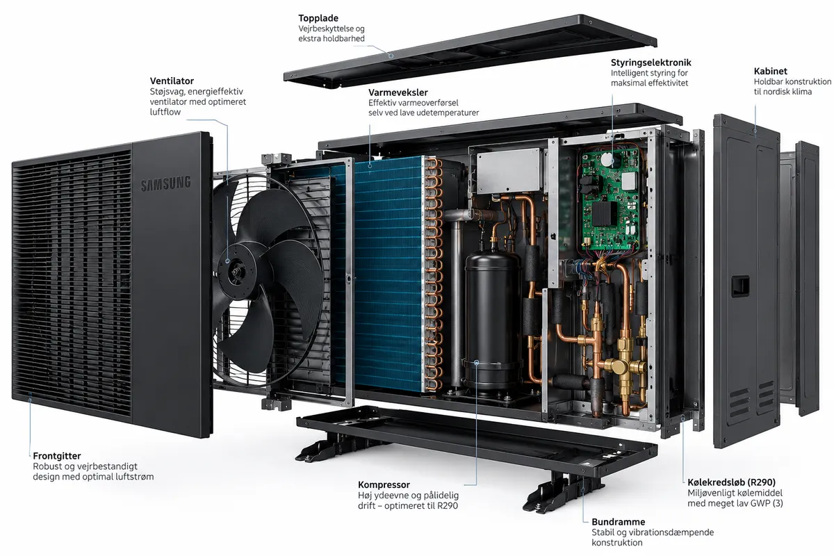 Teknisk split-tegning af Samsung EHS Mono R290 udedel