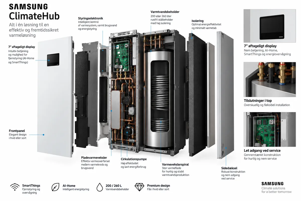 Teknisk split-tegning af Samsung Climate Hub hydro-enhed