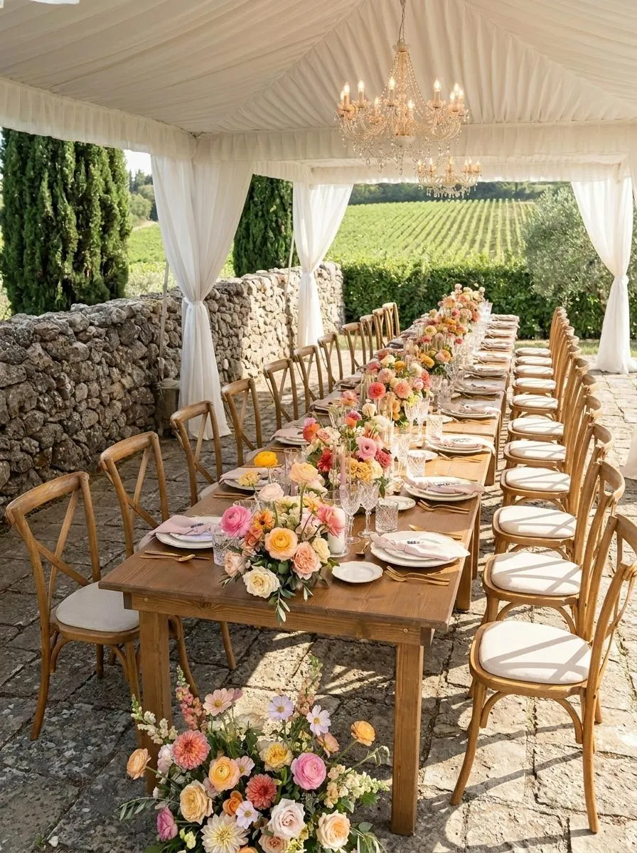 Table fleurie sous oliviers pour mariage