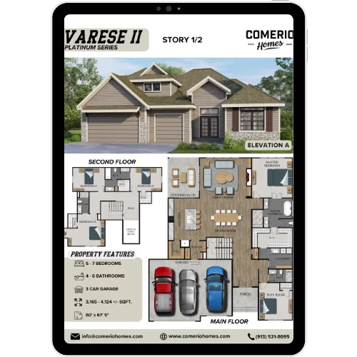 Tablet showing VARESE II floor plan with customizable elevations and layout options — emphasizing design flexibility.