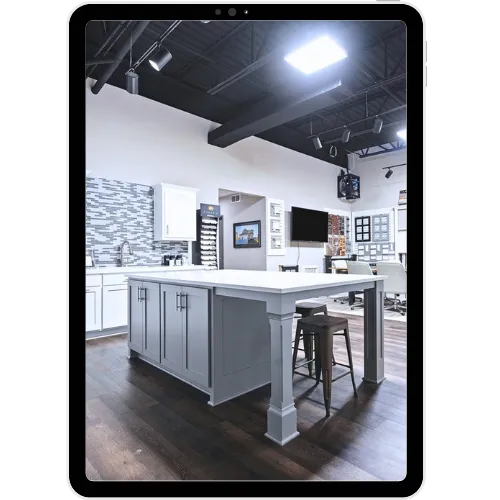 Tablet view of Comerio Homes’ in-house design center showcasing cabinetry, finishes, and workspace for home customization.