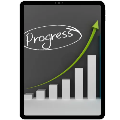 Tablet screen showing upward-trending progress bar — symbolizing real-time updates and transparency during the home build process.