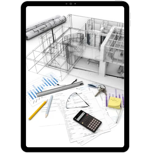 Tablet displaying architectural plans and financial documents — representing Comerio Homes’ efficient homebuilding process.