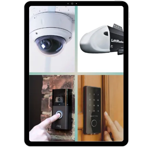 Tablet displaying smart home features like Ring doorbell, security cam, keypad lock, and LiftMaster — included with Comerio Homes.