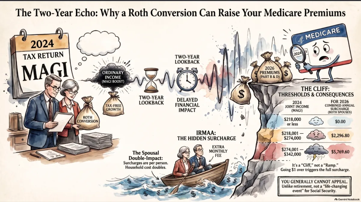 Illustrated summary of how a Roth conversion flows from a 2024 tax return through modified adjusted gross income and a two-year lookback into higher 2026 Medicare Part B and Part D premiums, with the 2026 joint income thresholds and the combined annual surcharge for a married couple at each tier.
