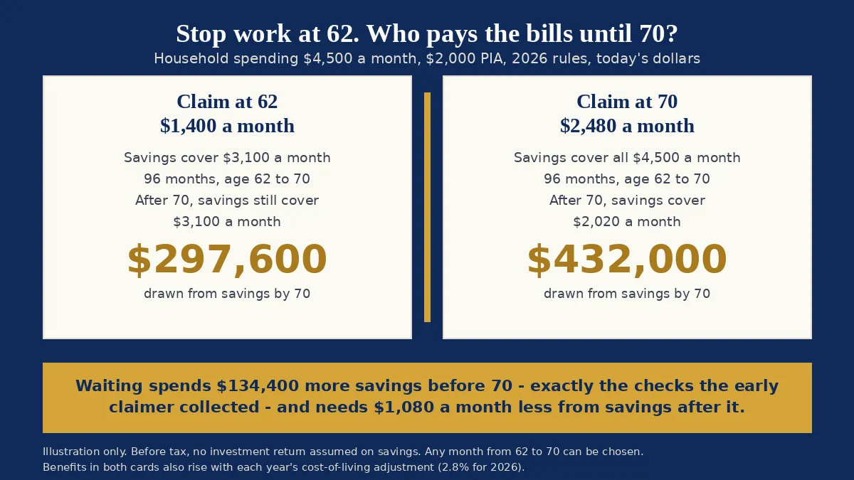 A two-card comparison for a household spending $4,500 a month that stops work at 62, with a $2,000 full benefit. Claiming at 62 pays $1,400 a month, so savings cover $3,100 a month and $297,600 is drawn by age 70. Claiming at 70 means savings cover all $4,500 a month, $432,000 by 70, after which the benefit of $2,480 leaves $2,020 a month to cover. Waiting spends $134,400 more savings before 70 and needs $1,080 a month less from savings after it.