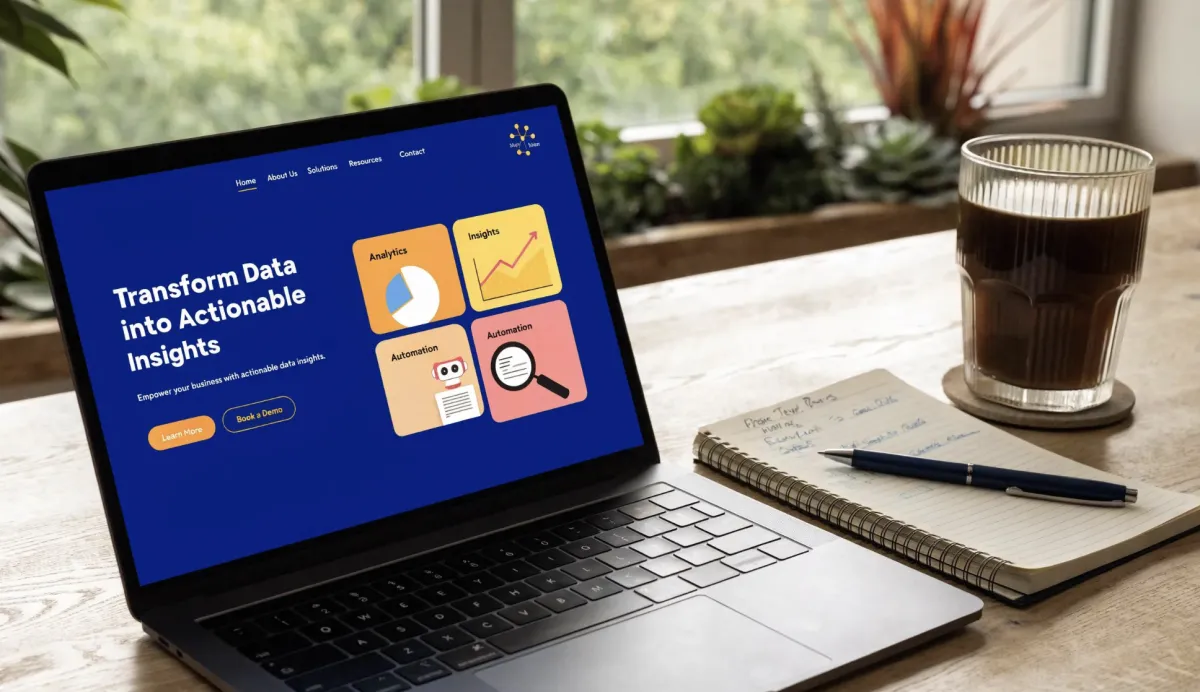 Modern workspace with a laptop showing a professional website design, symbolizing digital business growth