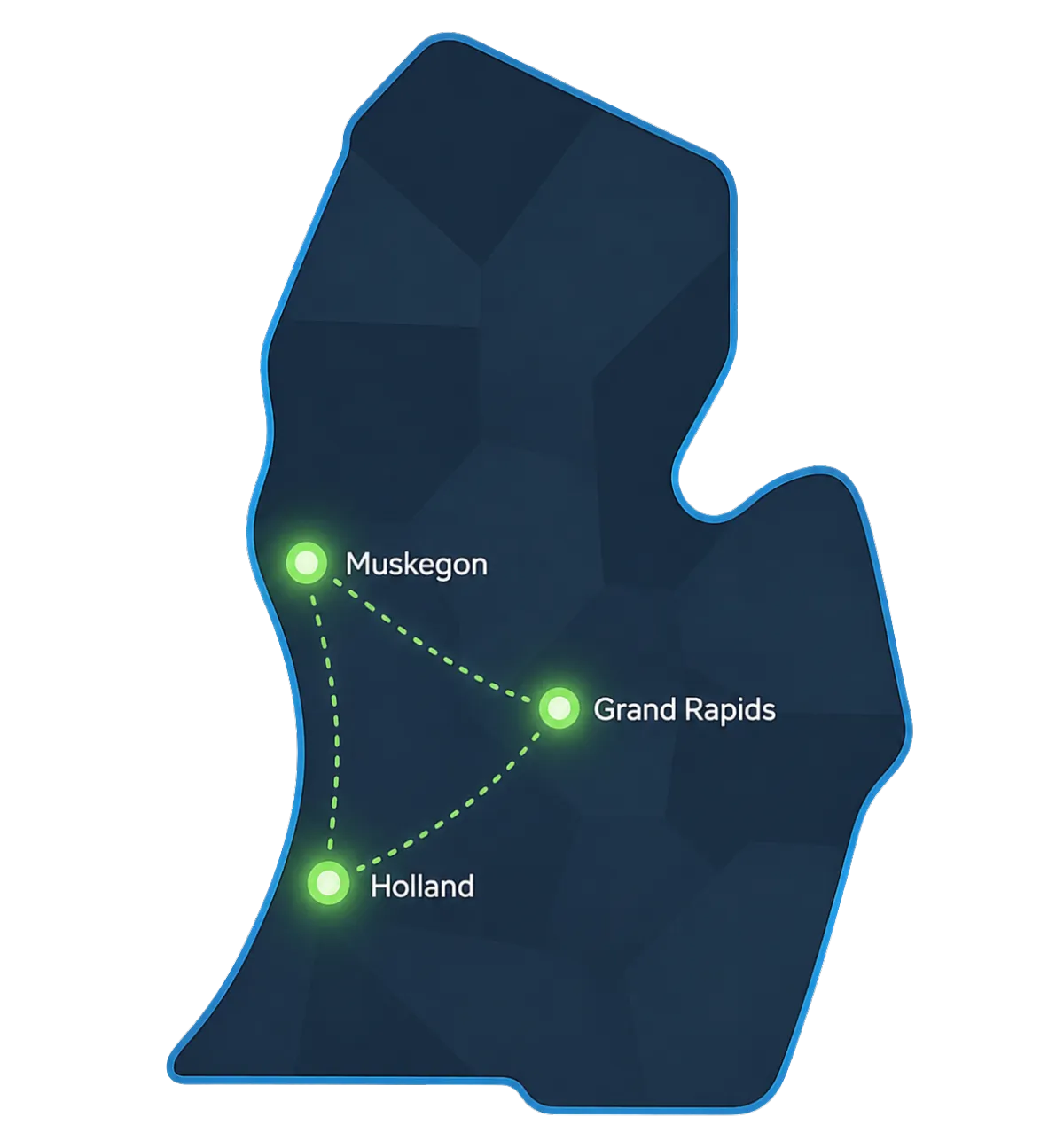 Abstract map graphic highlighting Grand Rapids, Holland, and Muskegon in West Michigan