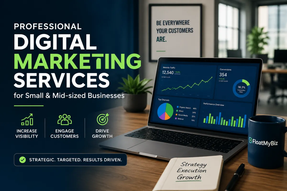 Professional digital marketing services dashboard showing website traffic, conversions, customer engagement, and business growth analytics.