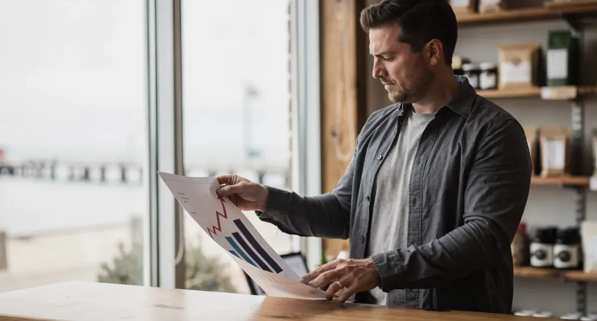 Local business owner reviewing an SEO performance chart in his Muskegon office.