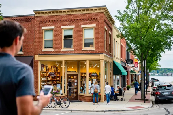 Person using a smartphone outside a downtown small business storefront, representing local digital marketing and SEO.