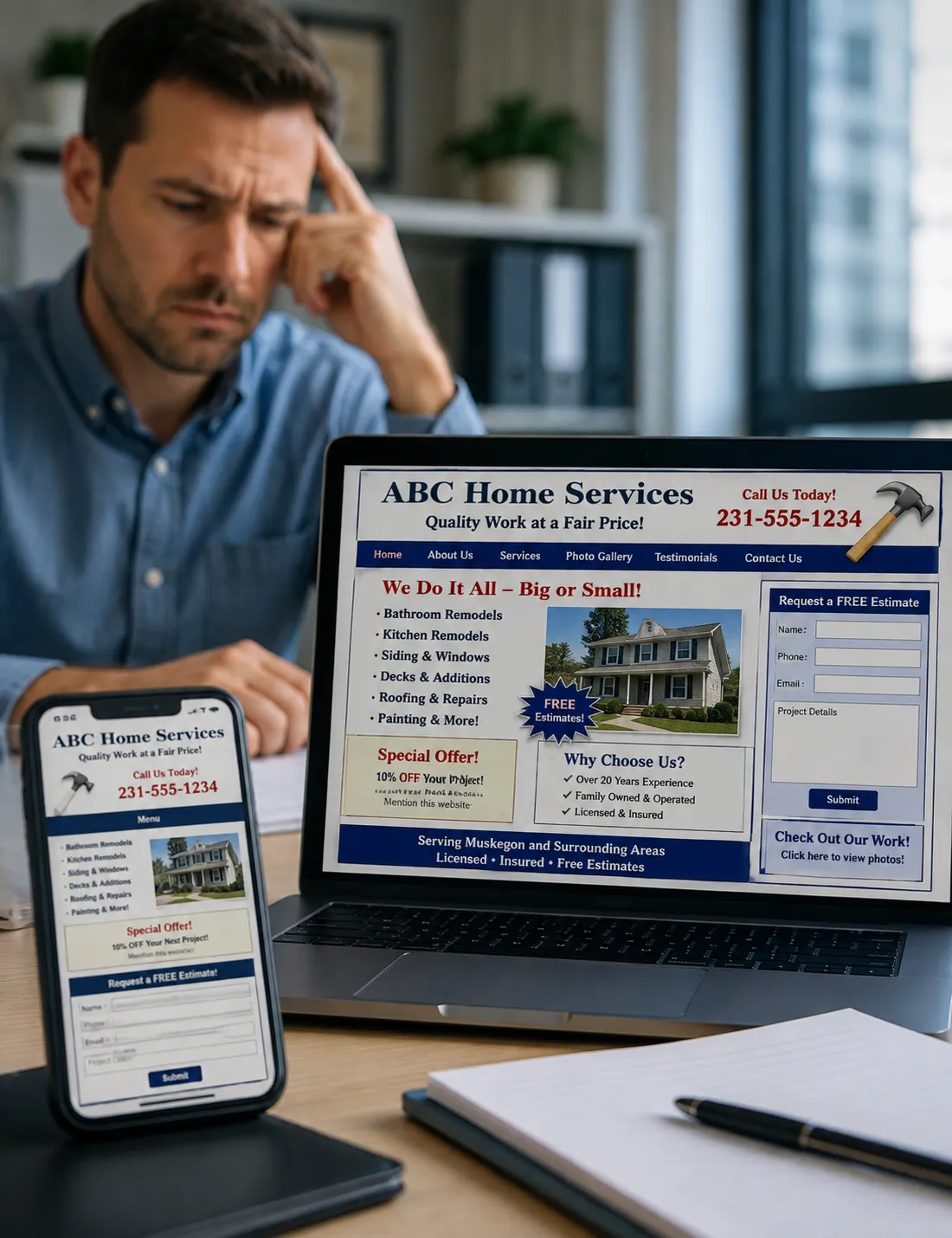 Frustrated mobile user dealing with an outdated local business website