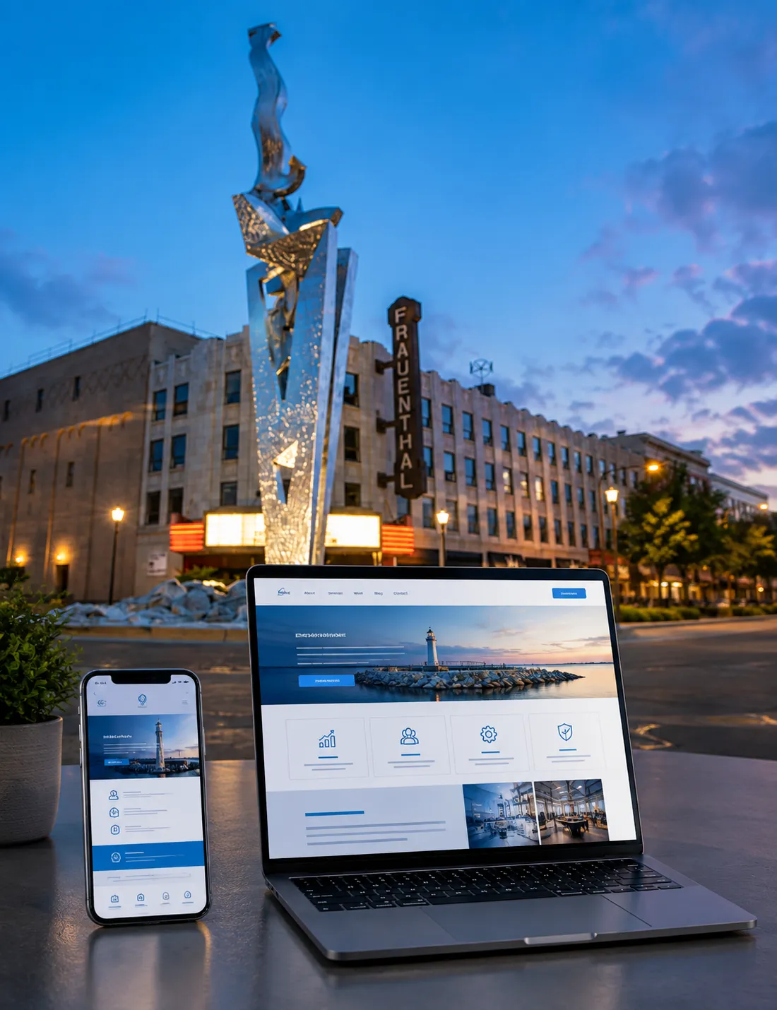 Website design displayed on laptop and smartphone in downtown Muskegon Michigan.