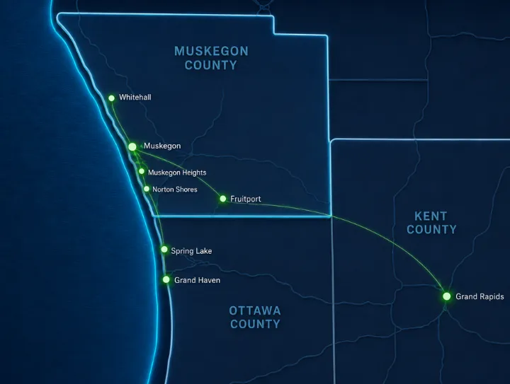 Stylized regional coverage map of Muskegon County, Roosevelt Park, Norton Shores, and West Michigan Lakeshore communities