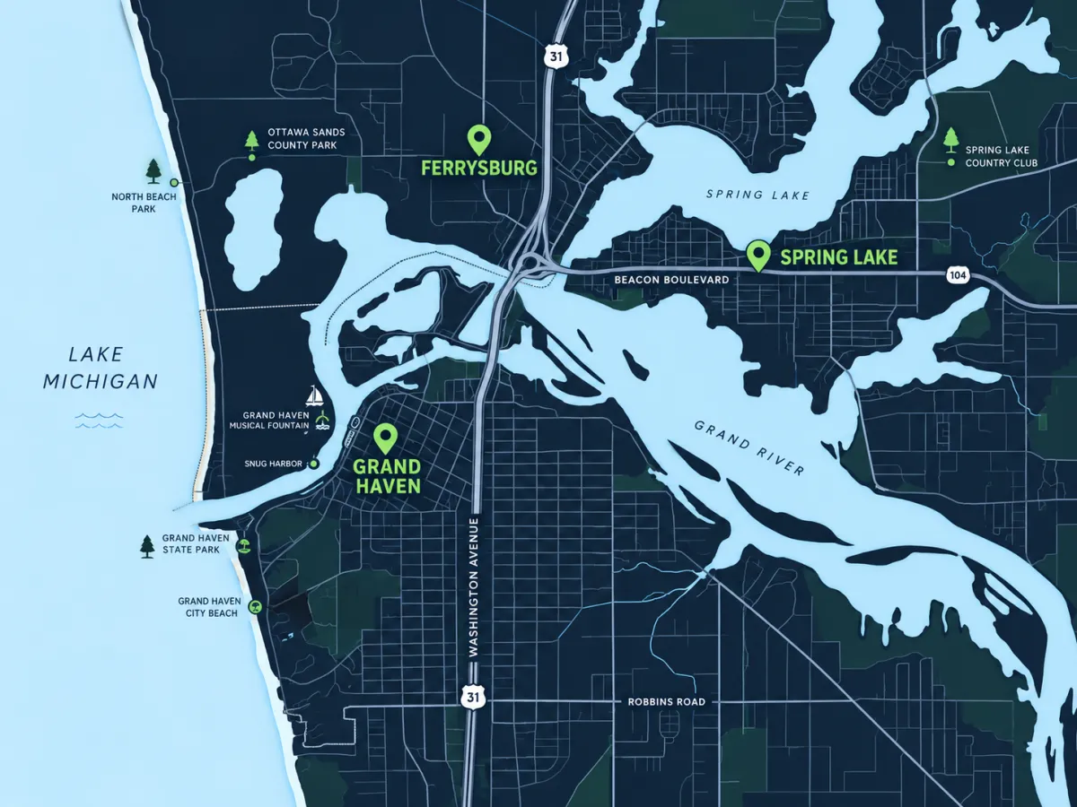 Stylized regional map of Grand Haven, Spring Lake, and Ottawa County Lakeshore territory