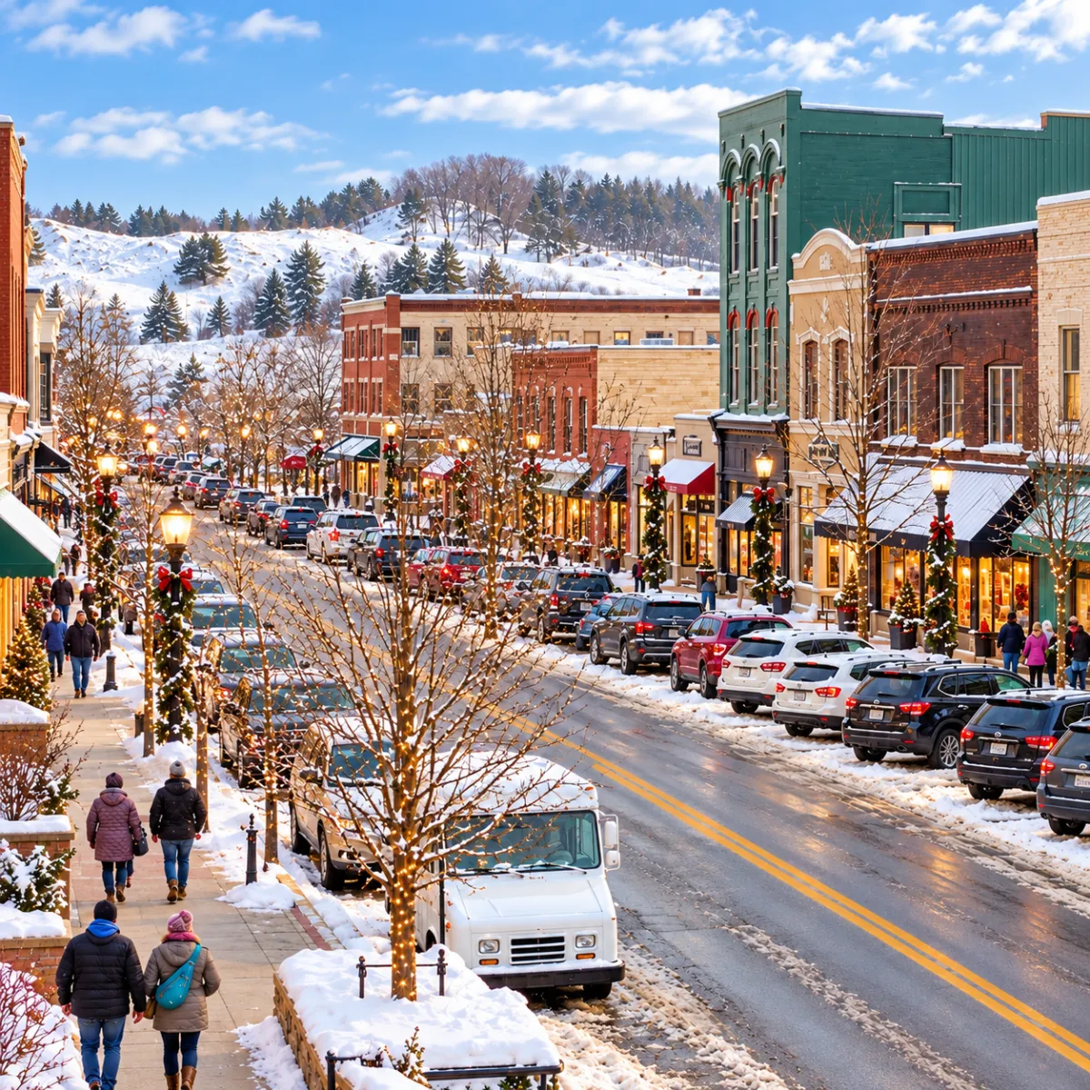 Downtown Washington Avenue in Grand Haven showing historic buildings and local shops with soft blue tone