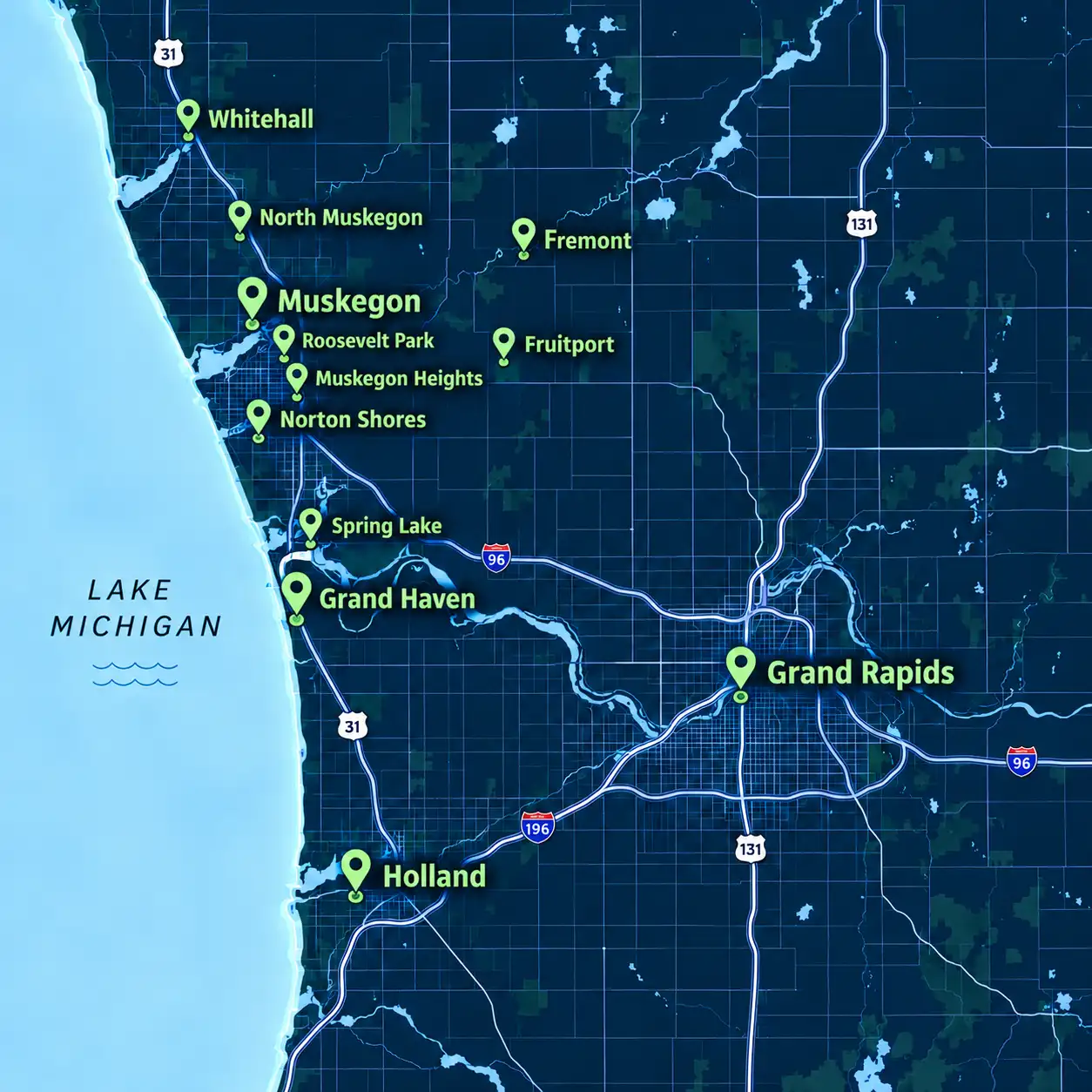 Stylized regional coverage map of Muskegon County, Ottawa County Kent County, and West Michigan Lakeshore communities