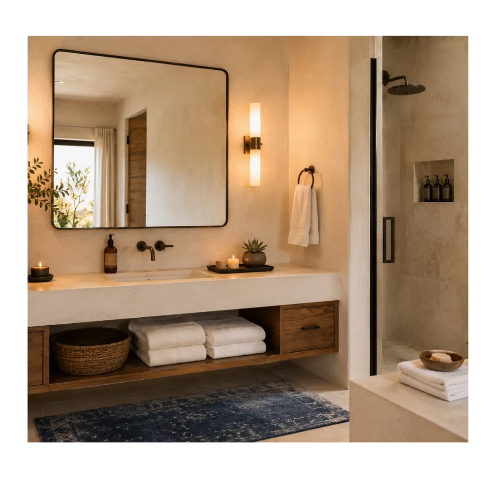 Peaceful desert-modern interior, sun-drenched and welcoming
