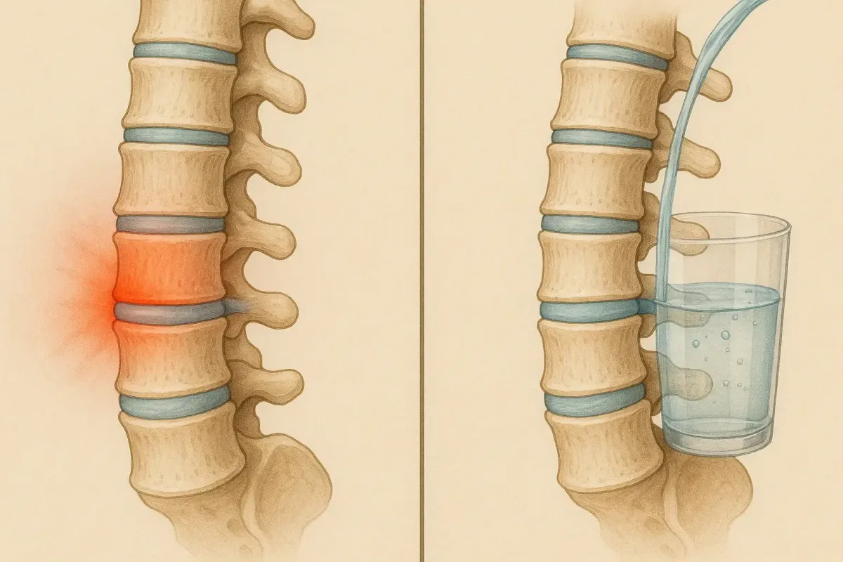 Diagram illustrating spinal disc rehydration, showing a painful compressed lumbar disc on the left and a disc absorbing fluid like a glass of water on the right.