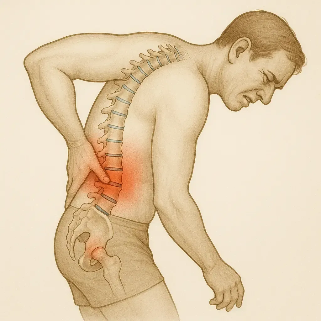 Diagram showing a pinched nerve and inflammation in the lower lumbar spine causing sharp back pain, featuring localized relief solutions in Fort Mill.