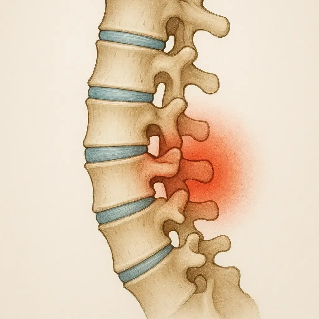 Diagram explaining a spinal subluxation, showing misaligned vertebrae and localized joint inflammation treated at Gonstead Chiropractic Center in Fort Mill.