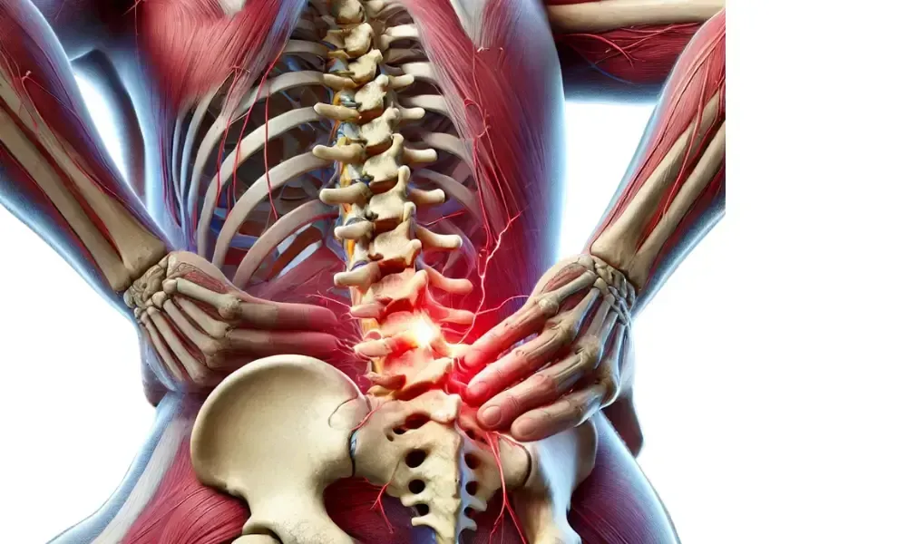 An anatomical illustration of a person holding their lower back, showing a lumbar subluxation with glowing red nerve inflammation near the pelvis.