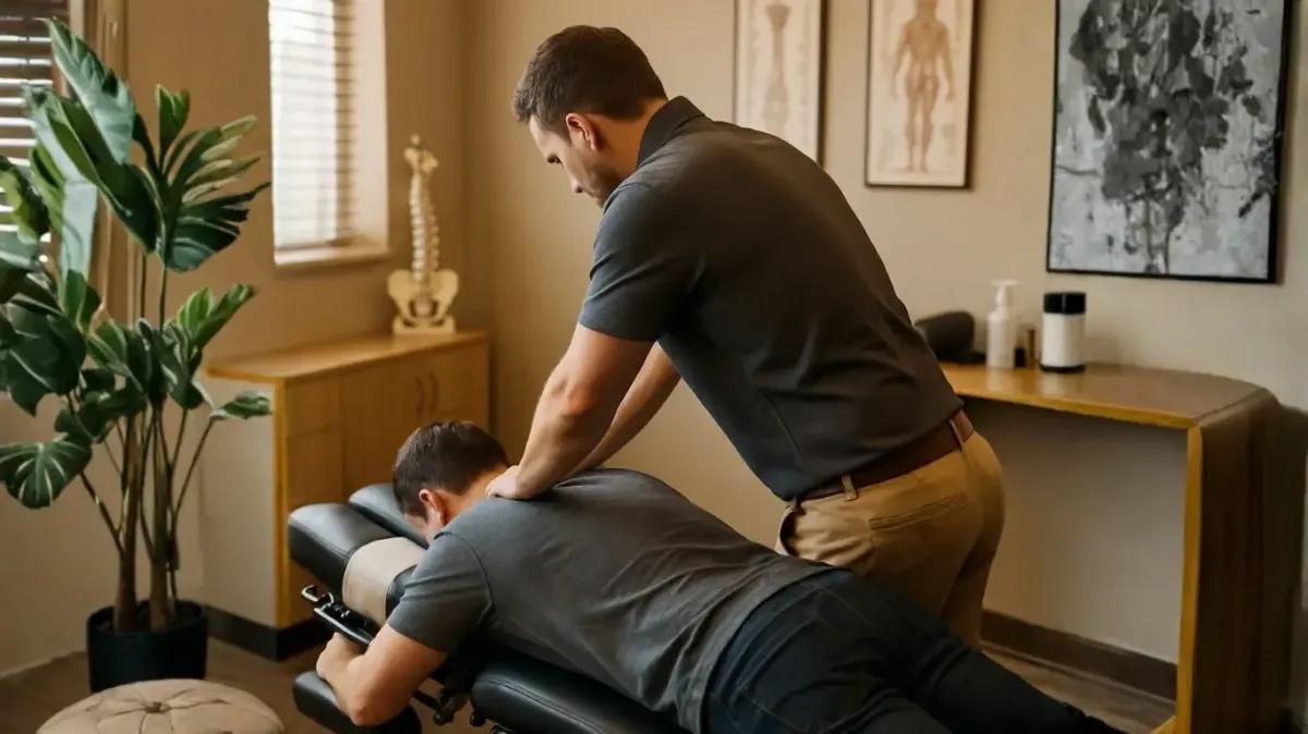 A Fort Mill, SC chiropractor performing a manual spinal adjustment on a male patient lying on a chiropractic table for natural back pain relief.