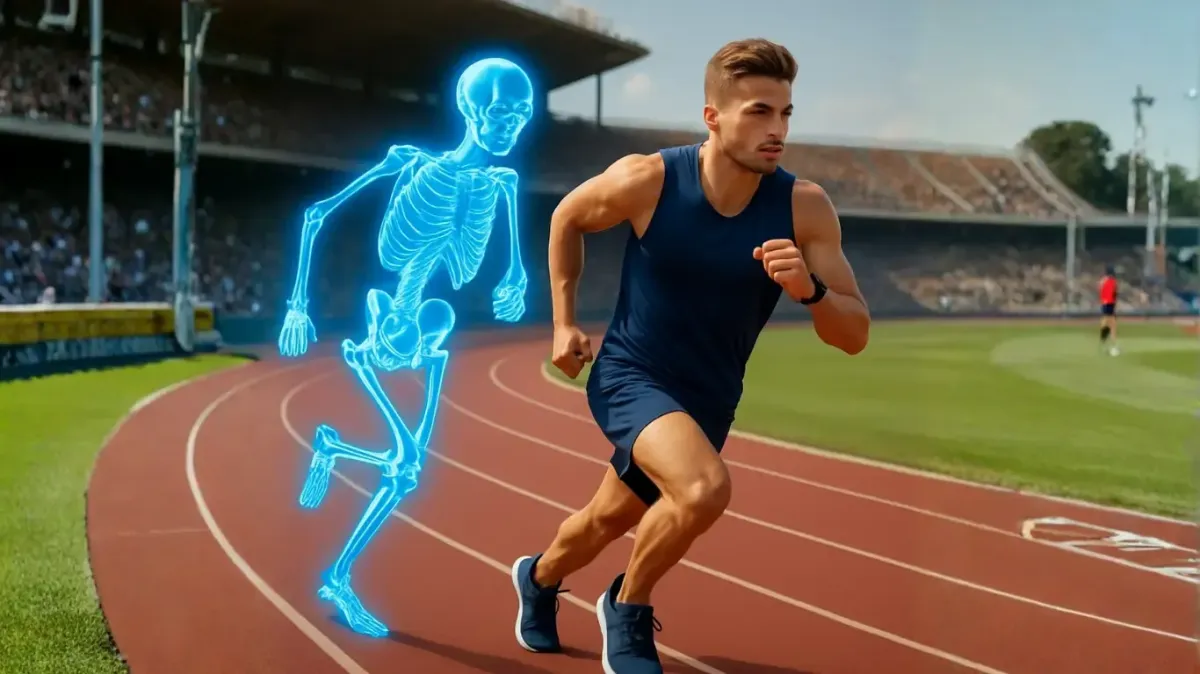 A male athlete running on a track track with a holographic skeleton overlay illustrating optimal biomechanics and spinal alignment through sports chiropractic care in Fort Mill, SC.